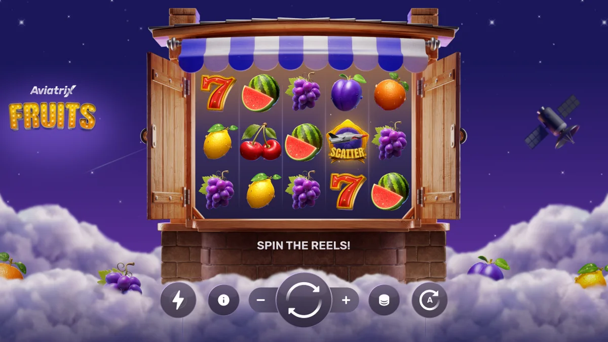 Interface do jogo Aviatrix Fruits mostrando o avião personalizado e símbolos clássicos
