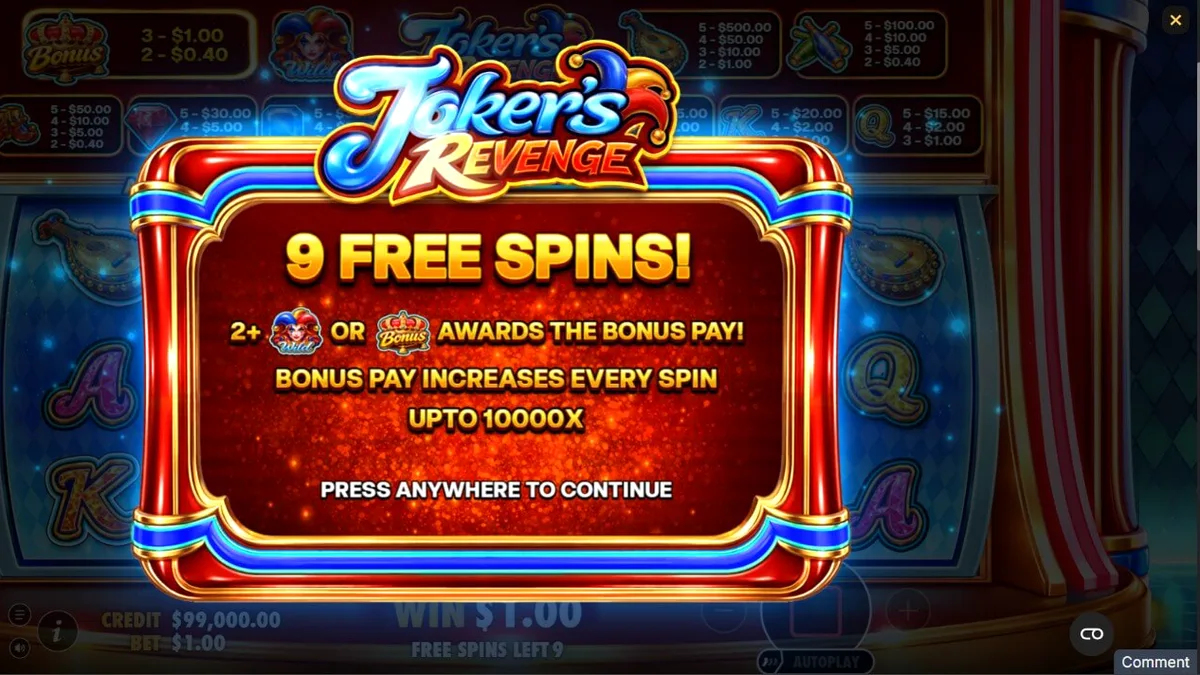 Interface vibrante do slot Joker’s Revenge com tema de arlequim