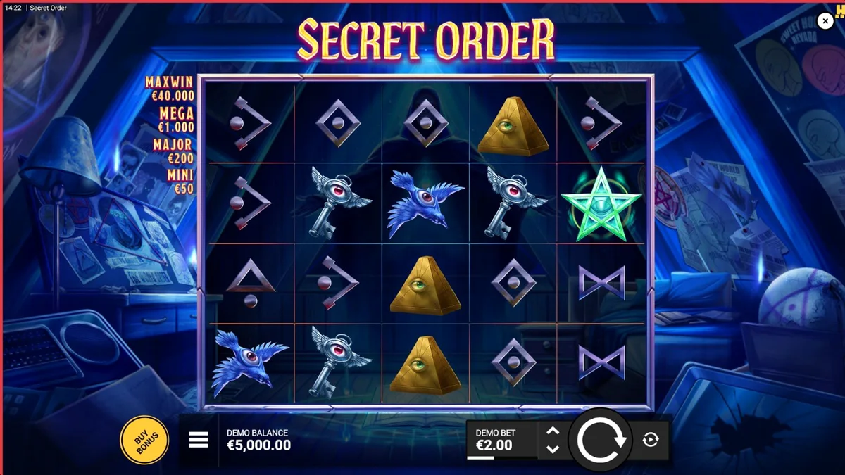 Interface misteriosa e sombria do slot Secret Order com símbolos ocultos